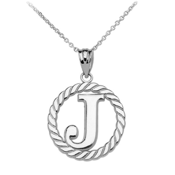 White Gold "J" Initial In Rope Circle Pendant Necklace