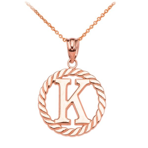 Rose Gold "K" Initial In Rope Circle Pendant Necklace