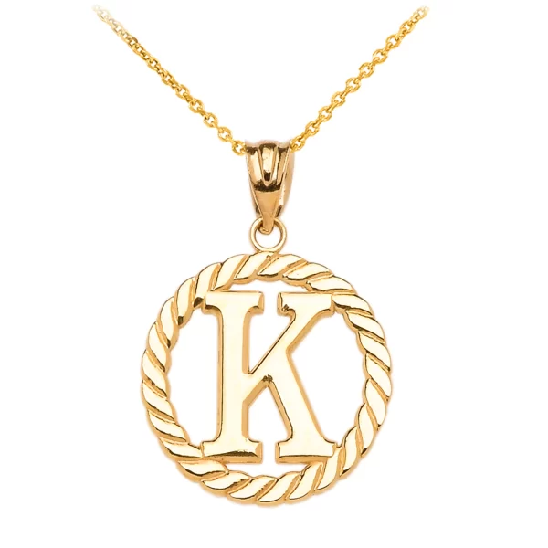 Yellow Gold "K" Initial In Rope Circle Pendant Necklace