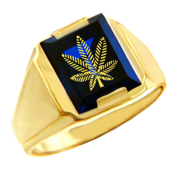 Solid Yellow Gold Blue Cz Stone Marijuana Signet Men's Ring