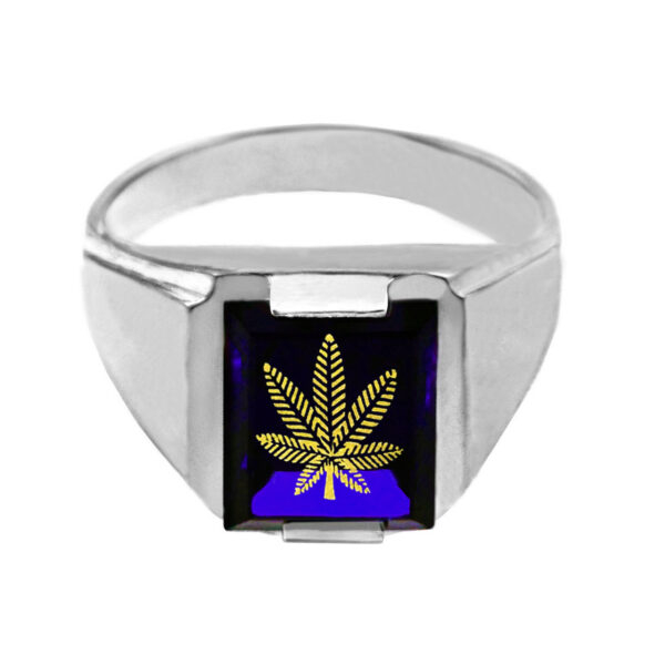 Sterling Silver Blue Cz Stone Marijuana Signet Men's Ring - Image 2