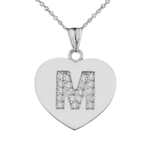 Diamond Initial A-Z Heart Pendant Necklace In White Gold