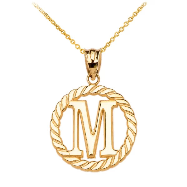 Yellow Gold "M" Initial In Rope Circle Pendant Necklace