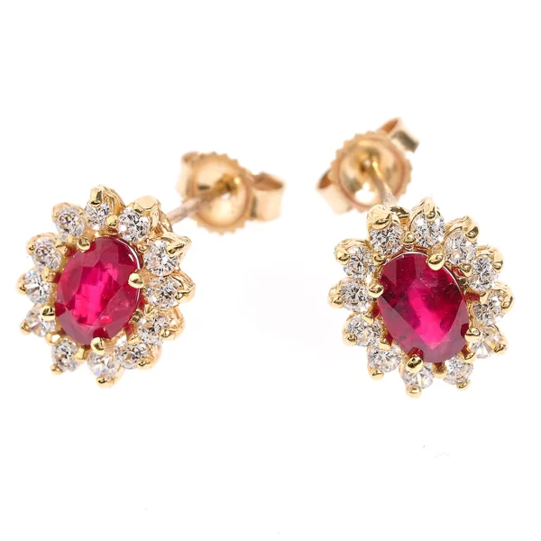 Genuine Ruby And Diamond Yellow Gold Stud Earrings