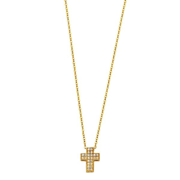 14KY CZ Cross Necklace - 17+1"