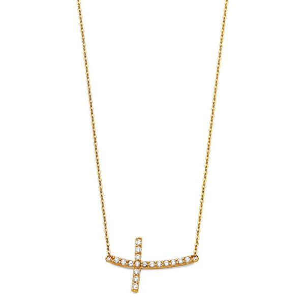 14KY Bended CZ Sideways Cross Necklace - 17+1"