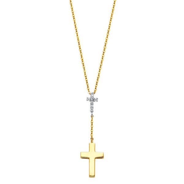 14KY CZ Cross Necklace - 17+1"