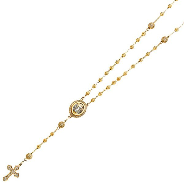 14KY 3mm Beads CZ Ball Rosary Necklace - 18"