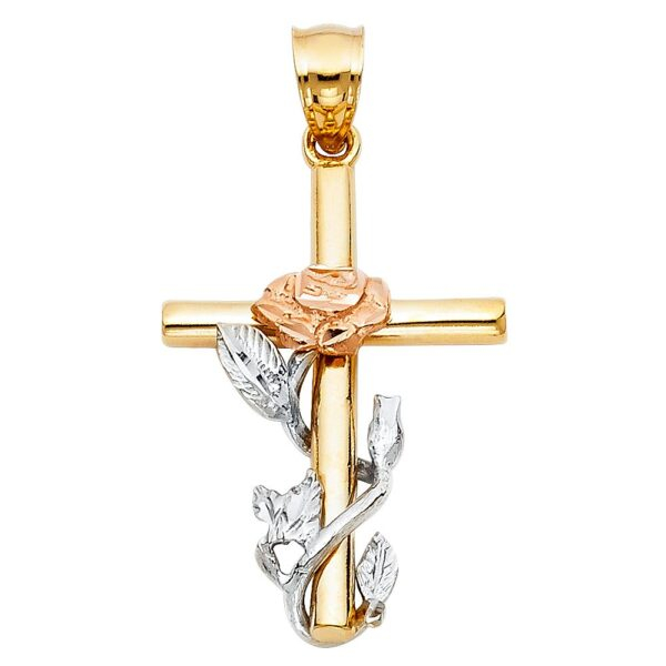 14K 3C Religious Cross with Rose Pendant