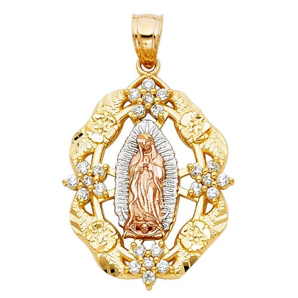 14K 3C CZ Religious Guadalupe Pendant