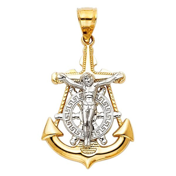 14K 2T Jesus Crucifix Anchor Religious Pendant