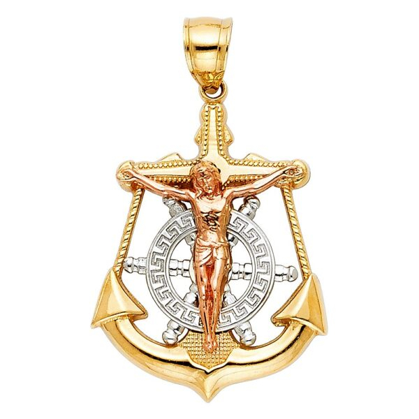 14K 3C Jesus Crucifix Anchor Religious Pendant