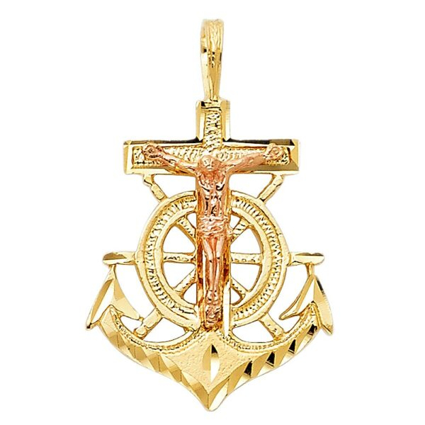 14K 2T Religious Crucifix Anchor Pendant