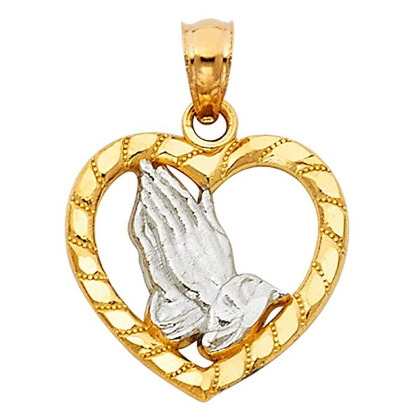 14K 2T Religious Praying Hands in Heart Pendant