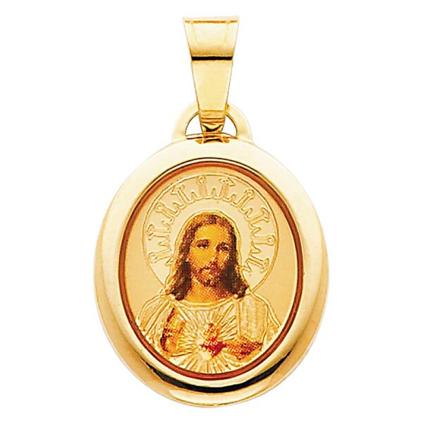 14K Jesus Heart Enamel Picture Religious Pendant