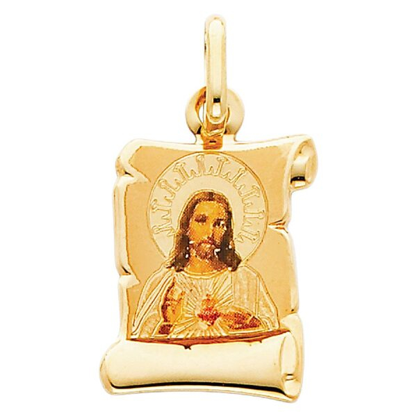 14K Jesus Heart Enamel Picture Religious Pendant