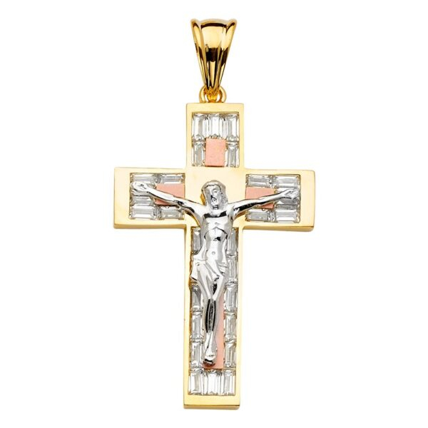 14K 3Color CZ Crucifix Cross Pendant