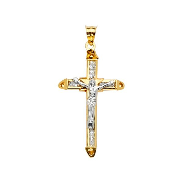 14K 2Tone CZ Crucifix Cross Pendant