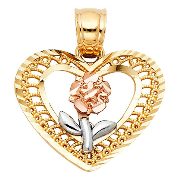 14K 3C Flower in Heart Pendant