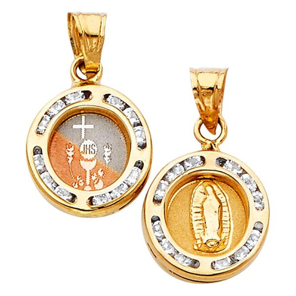 14K 3C Double Sided Round Religious Pendant