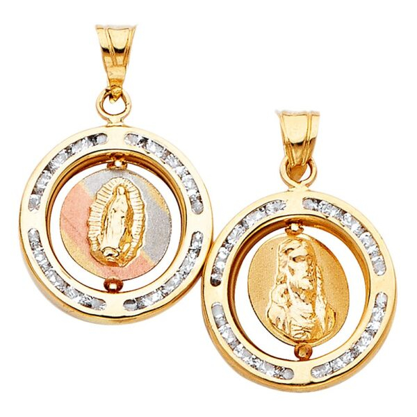 14K 3C Double Sided Round Religious Pendant