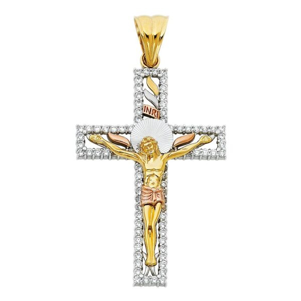 14K 3C CZ Religious Crucifix Pendant