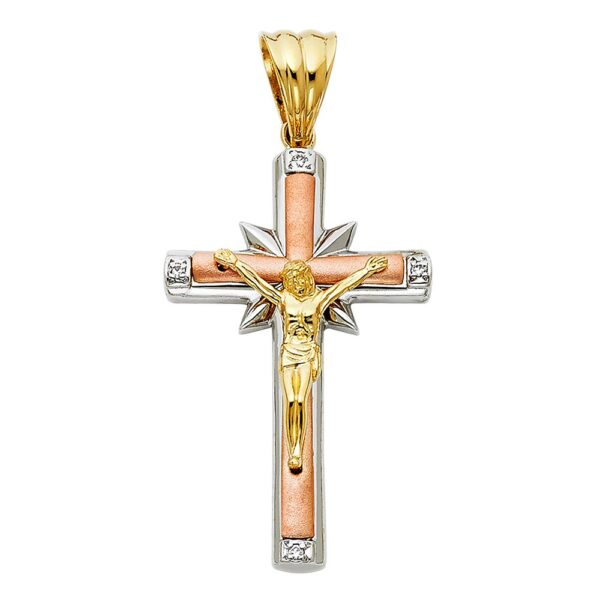 14K 3C CZ Religious Crucifix Pendant