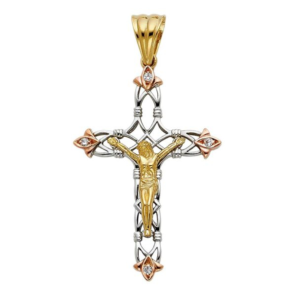 14K 3C CZ Religious Crucifix Pendant