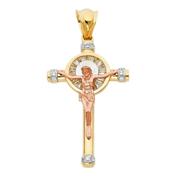 14K 3C CZ Religious Crucifix Pendant