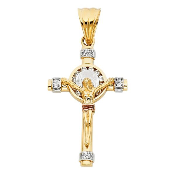 14K 3C CZ Religious Crucifix Pendant