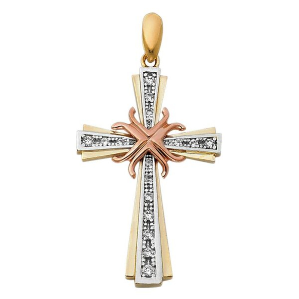 14K 3C CZ Religious Cross Pendant