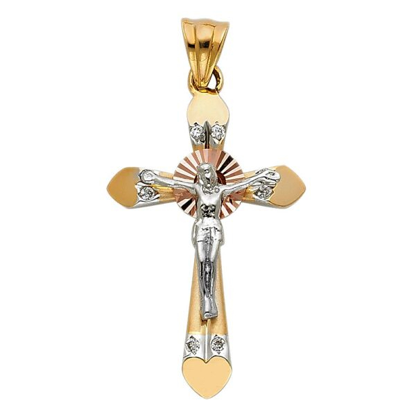 14K 3C CZ Religious Crucifix Pendant