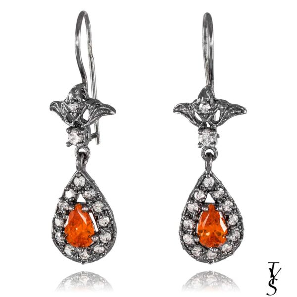 Black Silver Teadrop Garnet Cz Earrings