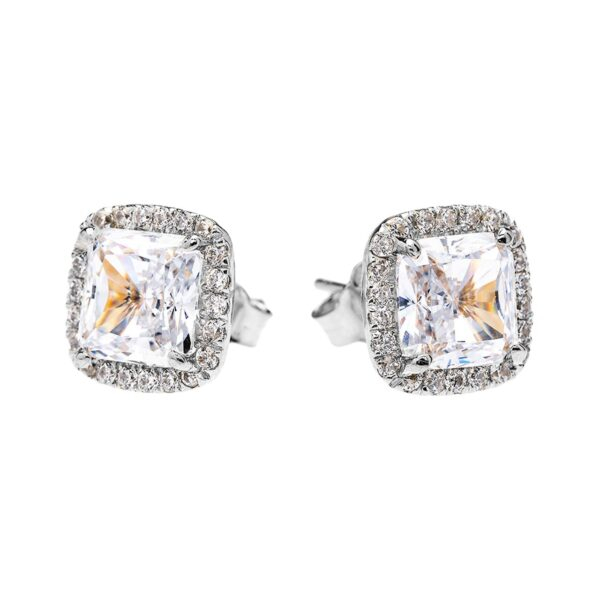 White Gold Elegant Diamond Halo Solitaire Princess Cut Cubic Zirconia Stud Earrings