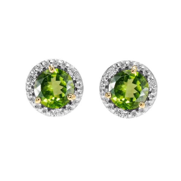Halo Stud Earrings In Two Tone Yellow Gold With Solitaire Peridot And Diamonds