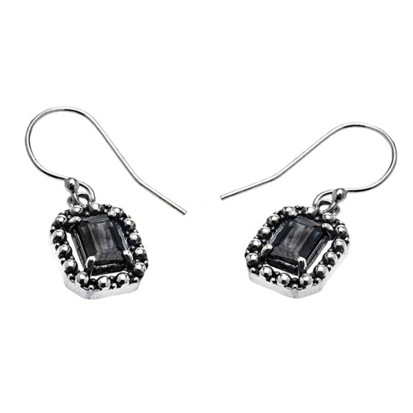 Sterling Silver Emerald Cut Midnight Black Sapphire Dangling Earrings