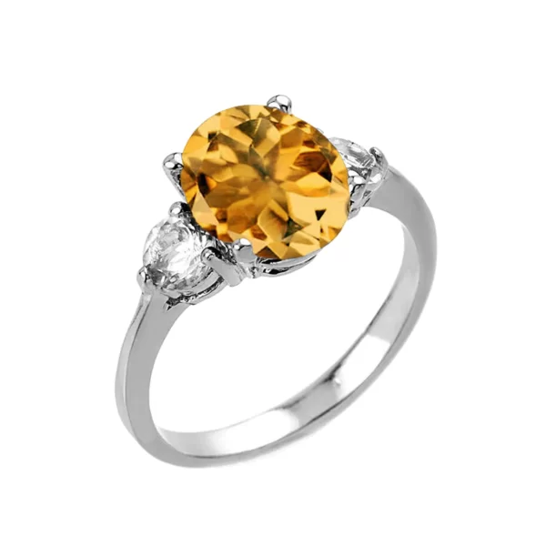 White Gold Genuine Citrine And White Topaz Gemstone Engagement Ring