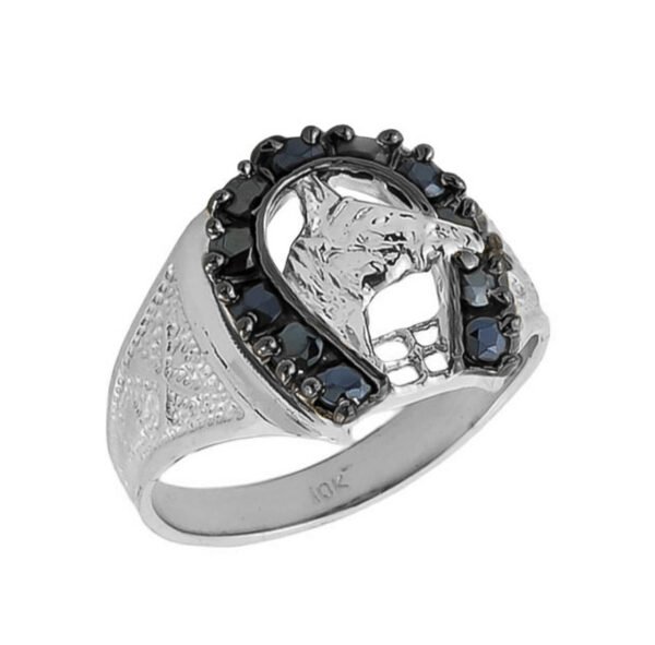 Solid White Gold Men's Black Onyx Horseshoe Ring