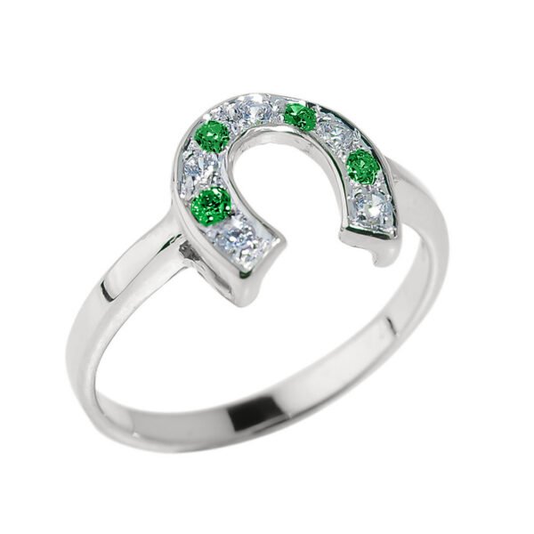 White Gold White And Green Cz Ladies Horseshoe Ring
