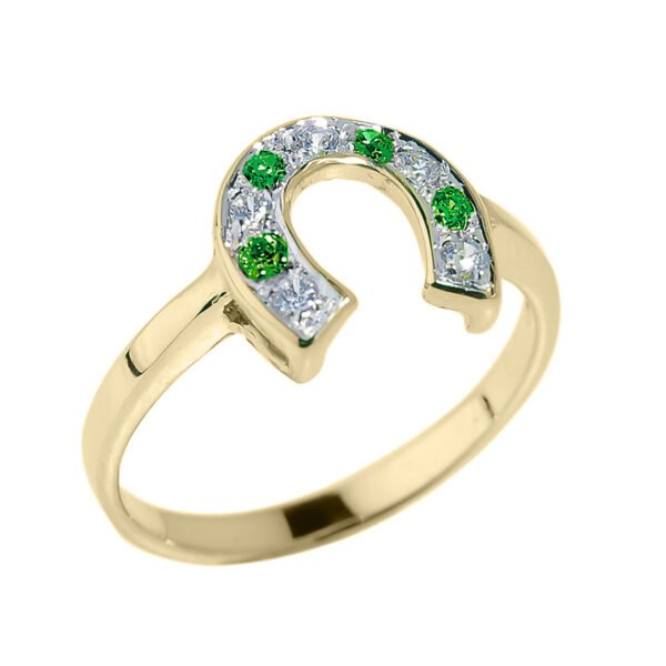 Yellow Gold White And Green Cz Ladies Horseshoe Ring