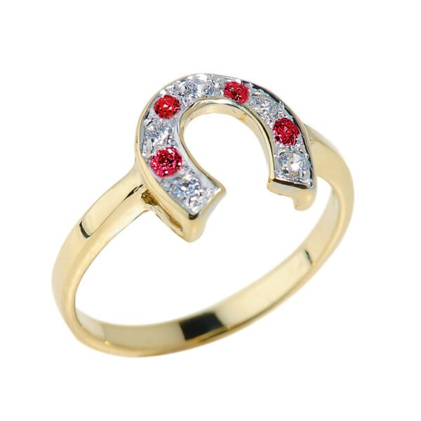 Yellow Gold White And Red Cz Ladies Horseshoe Ring