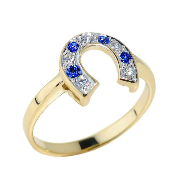 Yellow Gold White And Blue Cz Horseshoe Ring