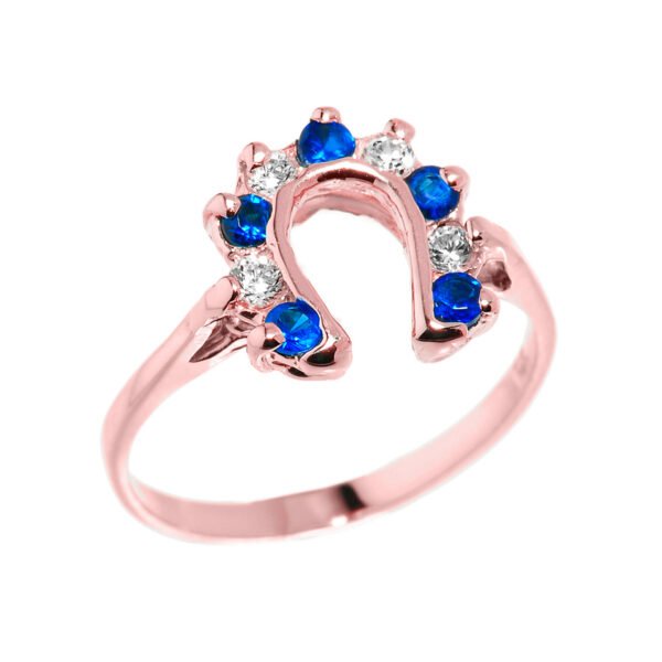 Rose Gold White And Blue Cz Ladies Horseshoe Ring