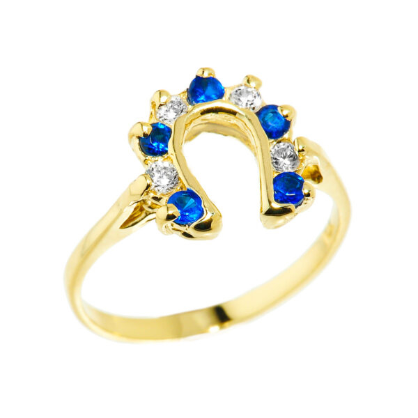 Yellow Gold White And Blue Cz Ladies Horseshoe Ring