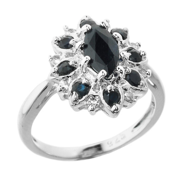 Beautiful Sterling Silver Black And Blue Sapphire Ladies Gemstone Ring