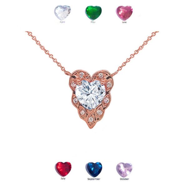 Halo Diamond Heart-Shaped Personalized Genuine Birthstone And Necklace In Rose Gold