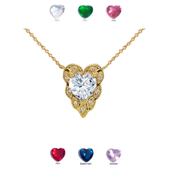 Halo Diamond Heart-Shaped Personalized (Lc) Birthstone And Necklace In Yellow Gold - Image 2