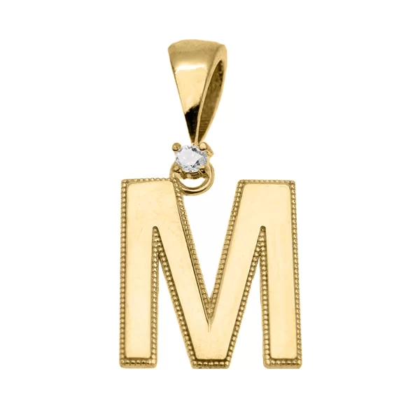 Yellow Gold High Polish Milgrain Solitaire Diamond "M" Initial Pendant Necklace