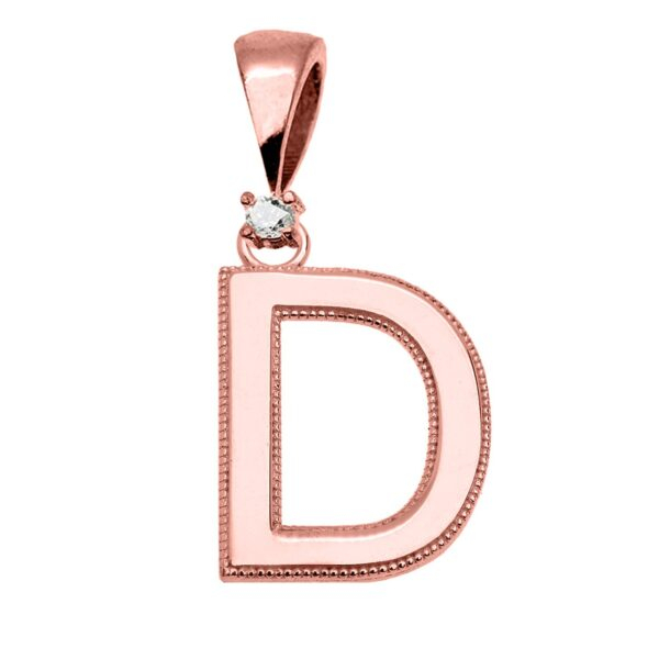 Rose Gold High Polish Milgrain Solitaire Diamond "D" Initial Pendant Necklace