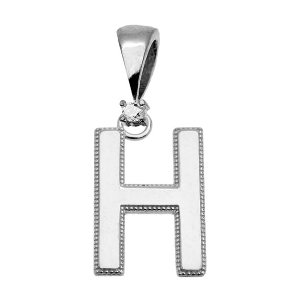 White Gold High Polish Milgrain Solitaire Diamond "H" Initial Pendant Necklace